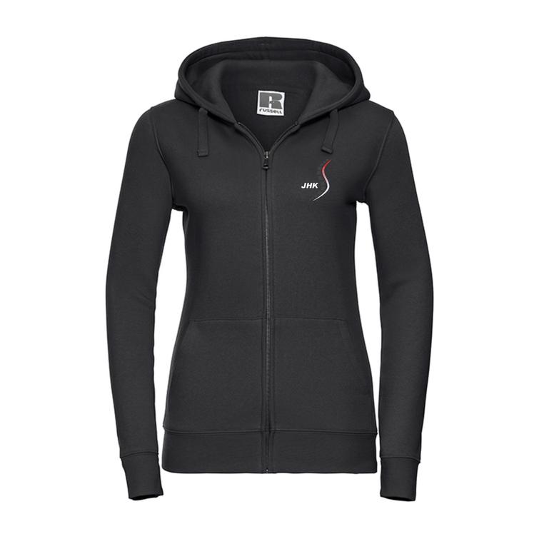 Naisten vetoketjuhuppari hierojakoulu logolla