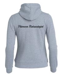 Naisten vetoketjuhuppari Hämeen Ratsastajat logolla