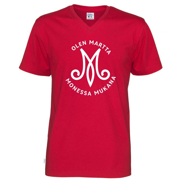 Miesten v-aukollinen t-paita M-Monessa mukana logolla