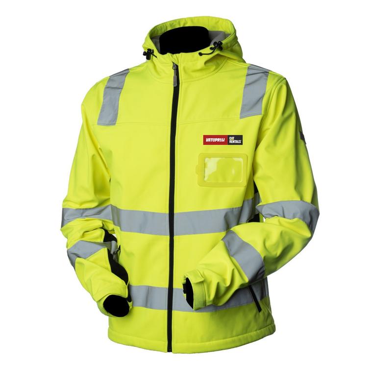 Huomiovärinen softshell takki Vatupassi logolla
