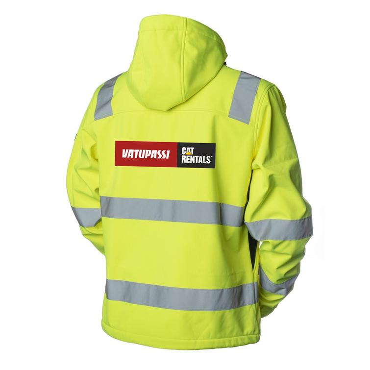 Huomiovärinen softshell takki Vatupassi logolla