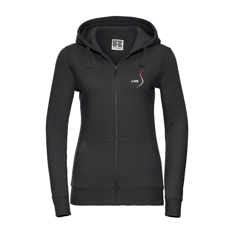 Naisten vetoketjuhuppari hierojakoulu logolla